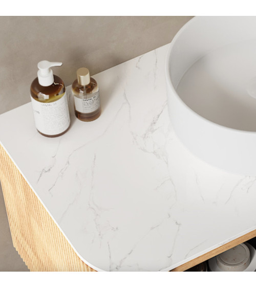 Ensemble BUENO BLANC LAQUE salle de bain L80 avec 1 colonne basse, 1 miroir-armoire et 1 meuble haut