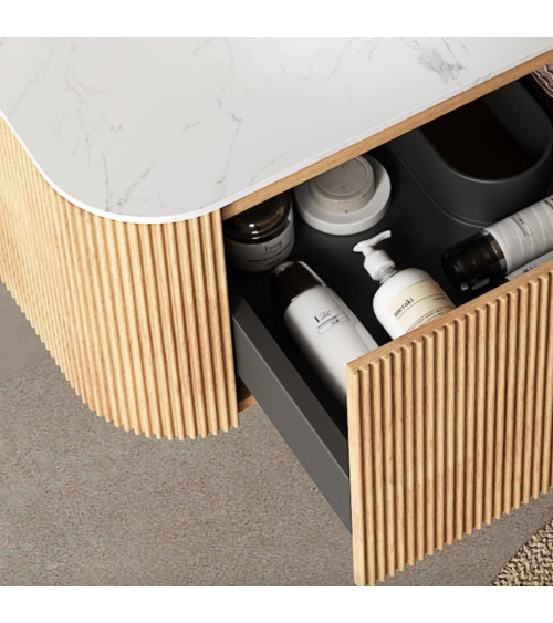 Ensemble BUENO BLANC LAQUE salle de bain L80 avec 1 colonne basse, 1 miroir-armoire et 1 meuble haut