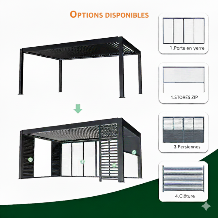 Pergola Angie bioclimatica 3x4 m 2 tende e illuminazione LED