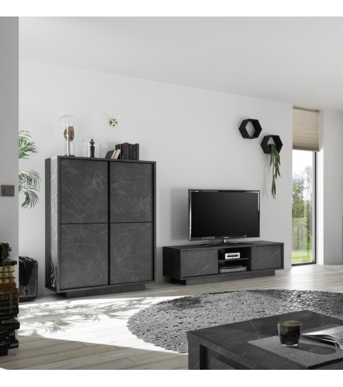 Ensemble meuble TV, vitrine et argentier BASIC marbre gris anthracite