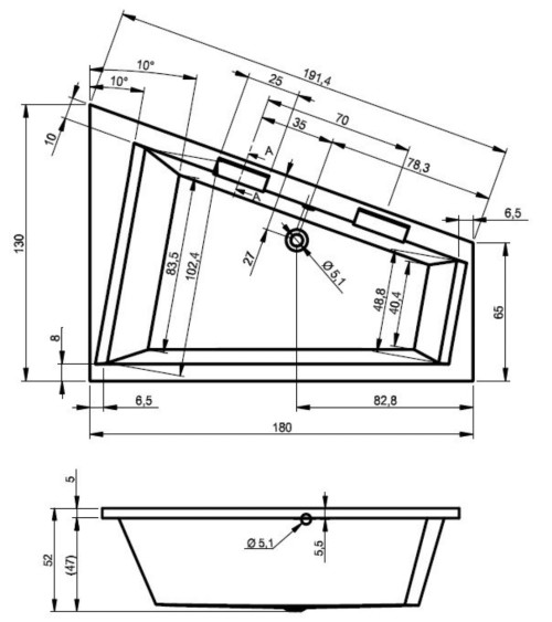 Baignoire d'angle DOPPIO 180x130 cm version Gauche