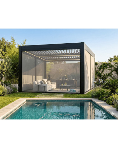 Pergola bioclimatica Patrice II 8x3 m con lamelle orientabili e tende laterali zanzariere integrate