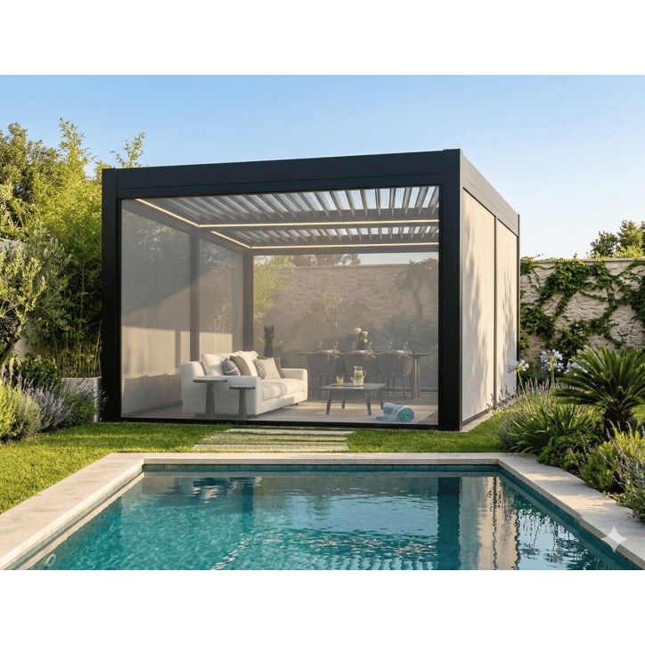 Pergola Patrice II - 8x3m en aluminium avec 6 stores latéraux moustiquaires intégrés