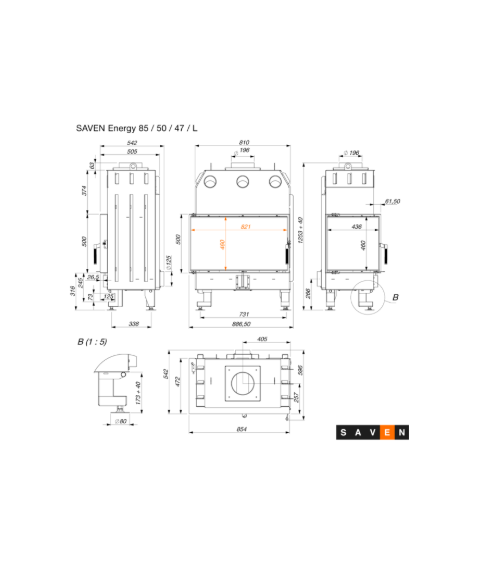 Cheminée en acier Saven Energy 85x50x47L Eco 17 kW