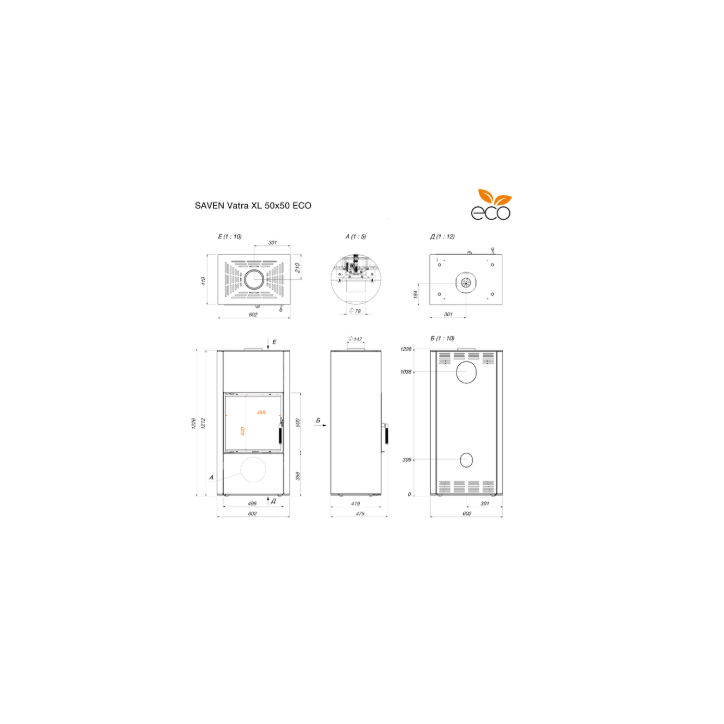 Fogão Saven Vatra XL 50x50 Eco 8 kW em aço Fogão Saven Vatra XL 50x50 Eco 8 kW em aço