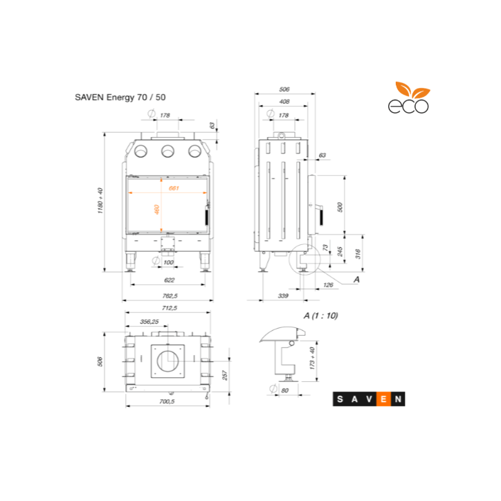 Inserto per camino SAVEN Energy 70x50 nero (15,1 kW) ECO