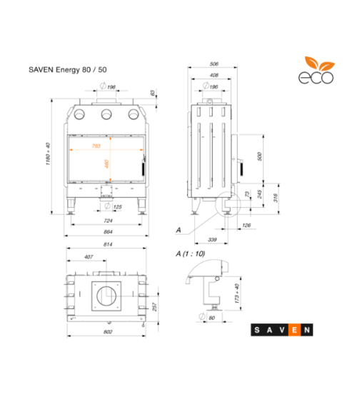 Insert de cheminée SAVEN Energy 80x50 Noir (17,0 kW) ECO