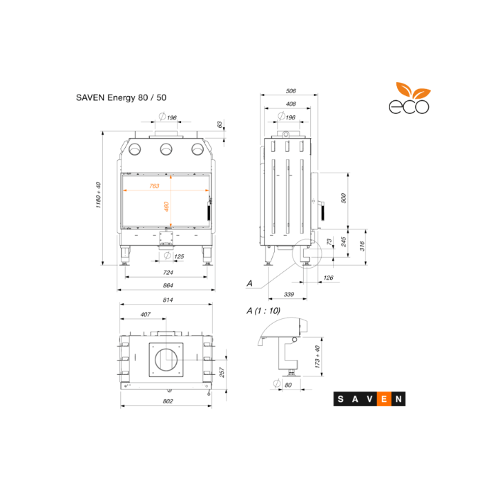 Inserto per camino SAVEN Energy 80x50 nero (17,0 kW) ECO