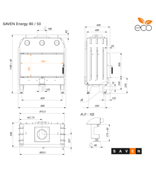 Insert de cheminée SAVEN Energy 90x50 Noir (19,0 kW) ECO