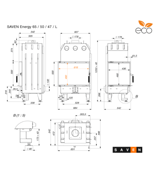Inserto per camino SAVEN Energy 65 x 50 x 47 L Nero (14,5 kW) ECO
