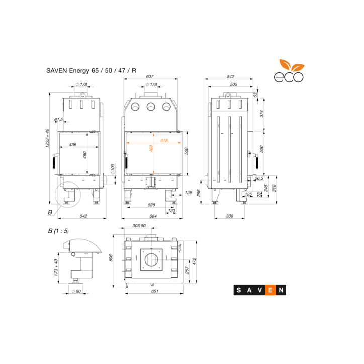 Insert de cheminée SAVEN Energy 65 x 50 x 47 R Noir (14,5 kW) ECO Insert de cheminée SAVEN Energy 65 x 50 x 47 R Noir (14,5 kW) ECO