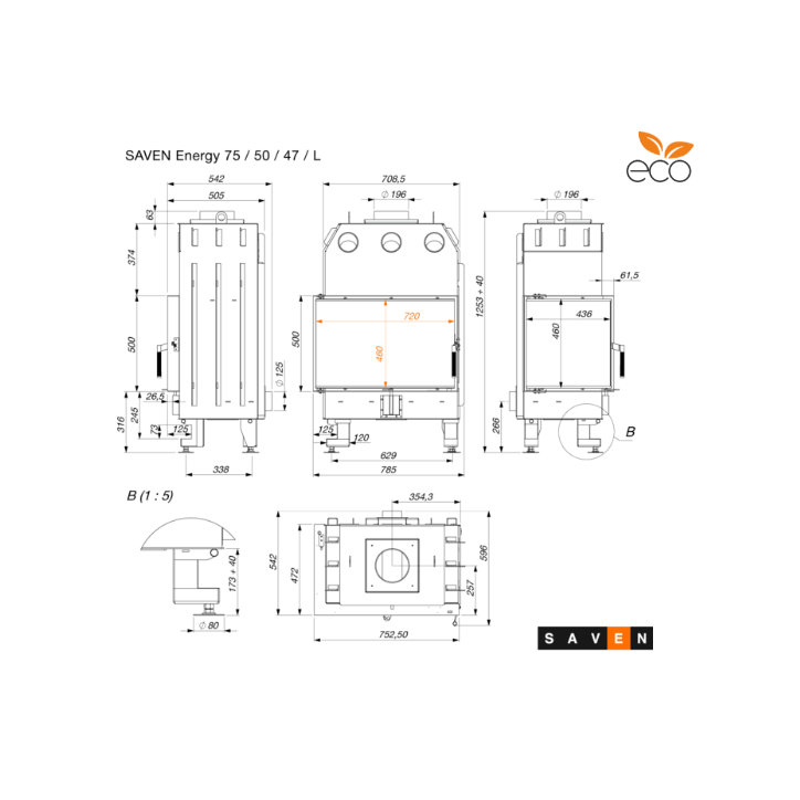 Insert de cheminée SAVEN Energy 75x50x47L Noir (15,1 kW) ECO