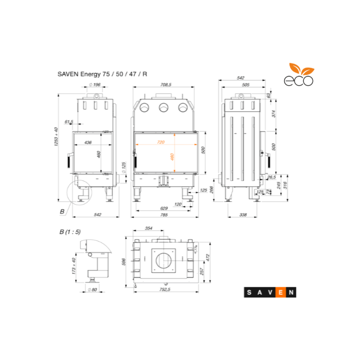 Inserto per camino SAVEN Energy 75x50x47l nero (15,1 kW) ECO