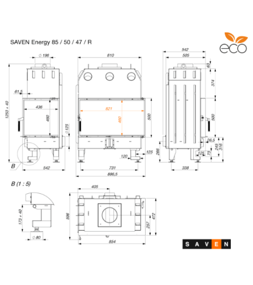 Insert de cheminée SAVEN Energy 85x50x47R Noir (17,0 kW) ECO