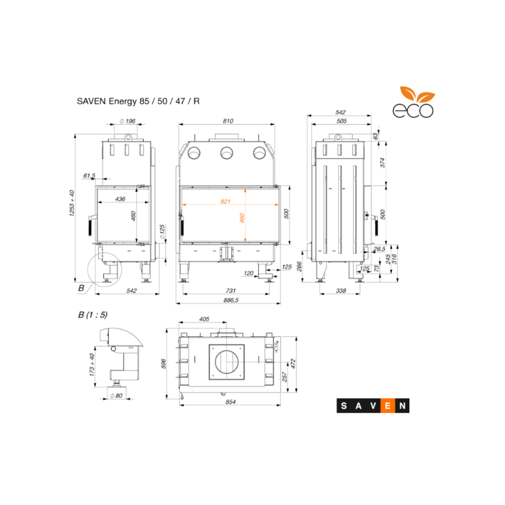 Insert de cheminée SAVEN Energy 85x50x47R Noir (17,0 kW) ECO