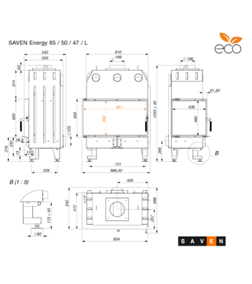 Inserção de lareira SAVEN Energy 85x50x47L preta (17,0 kW) ECO