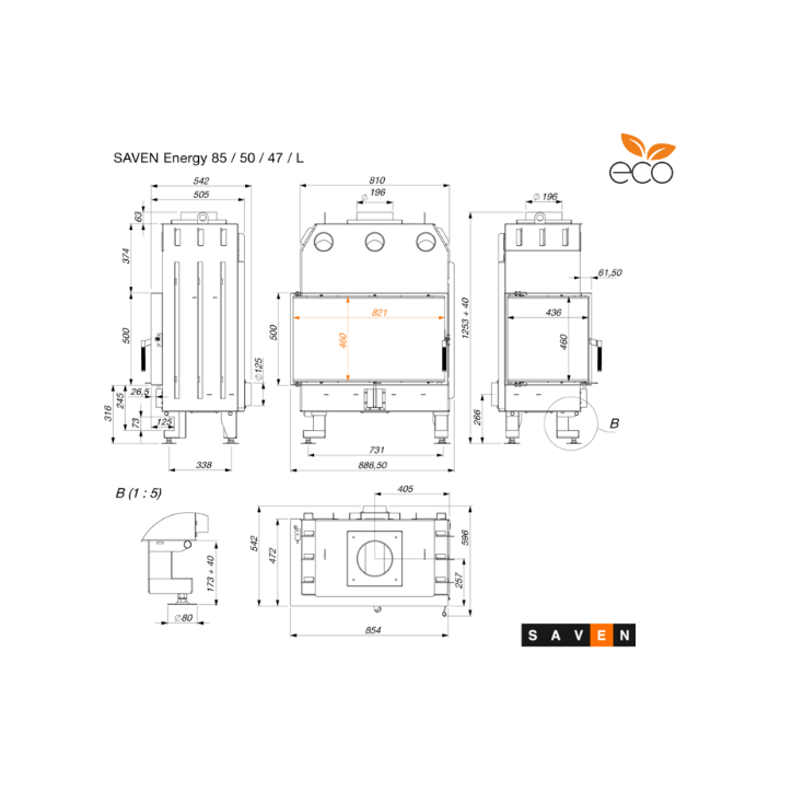 Insert de cheminée SAVEN Energy 85 x 50 x 47 L Noir (17,0 kW) ECO