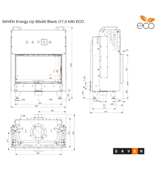 SAVEN Energy Up 80x50 Lareira de encastrar preta (17,0 kW) ECO