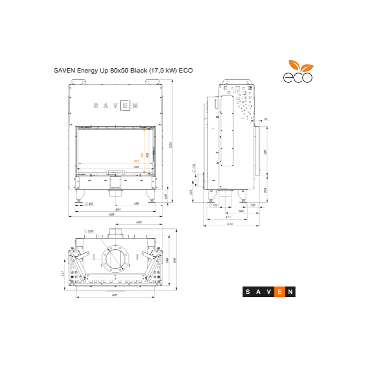Insert de cheminée SAVEN Energy Up 80x50 Noir (17,0 kW) ECO