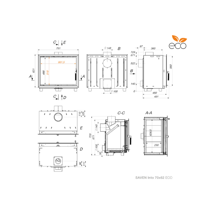 Insert de cassette pour cheminée SAVEN Into 70x62 ECO Insert de cassette pour cheminée SAVEN Into 70x62 ECO