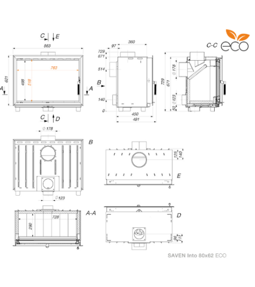 SAVEN Inserto per camino ECO 80x62