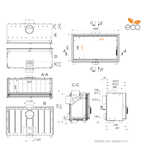 SAVEN Inserto per camino ECO 100x62