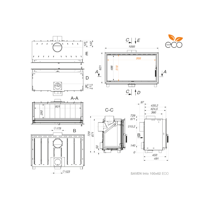 Insert de cassette pour cheminée SAVEN Into 100x62 ECO