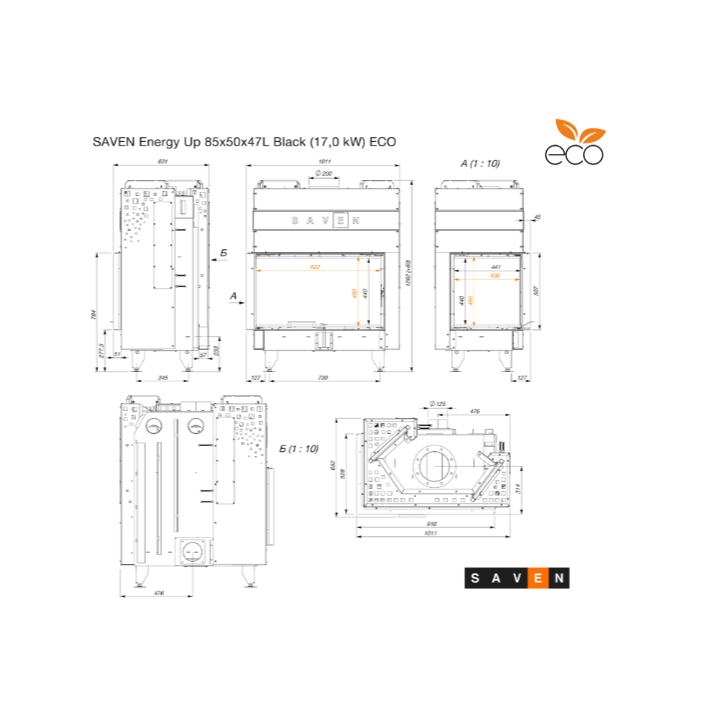 Insert de cheminée SAVEN Energy Up 85 x 50 x 47 L Noir (17,0 kW) ECO