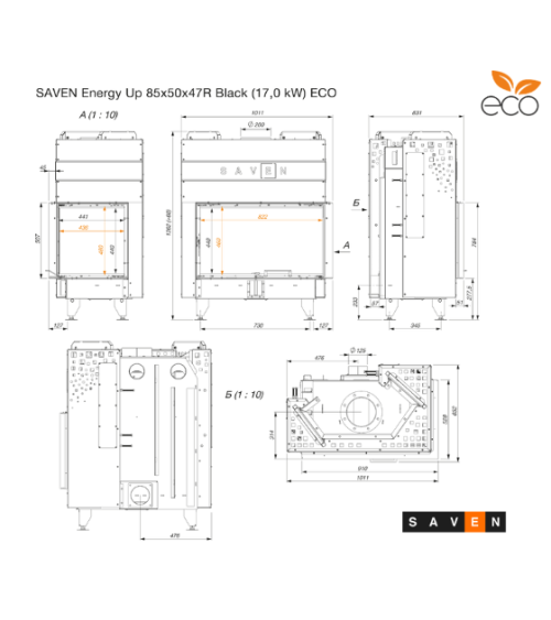 Insert de cheminée SAVEN Energy Up 85 x 50 x 47 R Noir (17,0 kW) ECO