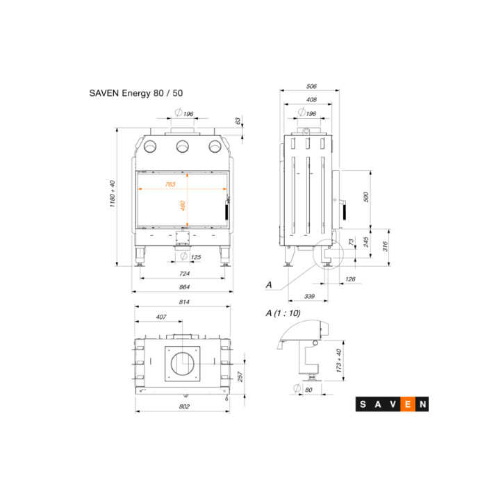 lareira em aço SAVEN Energy 80x50 Eco – 17 kW