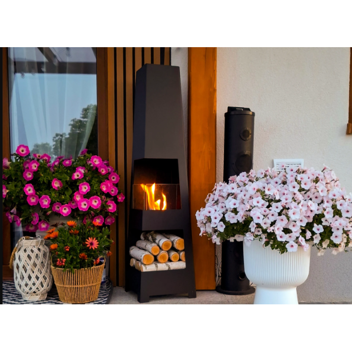 Lareira ecológica de jardim em pirâmide autoportante, preto mate 115 x 30 cm