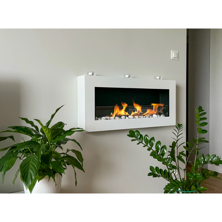 Biocheminée murale avec vitre 900x400 Box blanc structuré mat Biocheminée murale avec vitre 900x400 Box blanc structuré mat