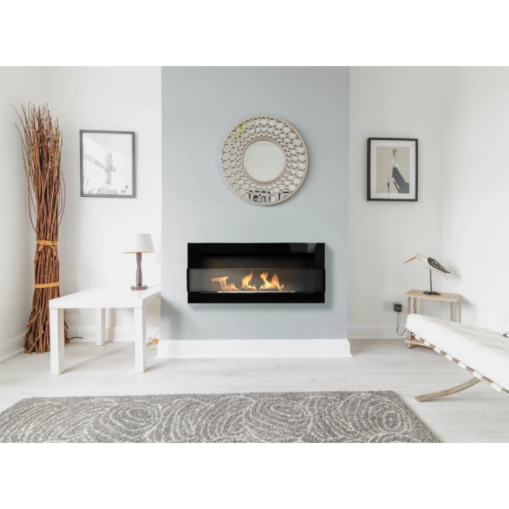 Biochimenea de pared con cristal 900x400 negro brillo