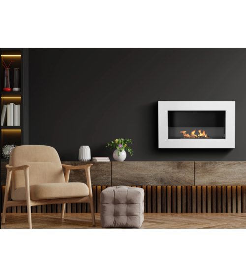 Biochimenea colgante con cristal 650x400 Box blanco mate estructurado