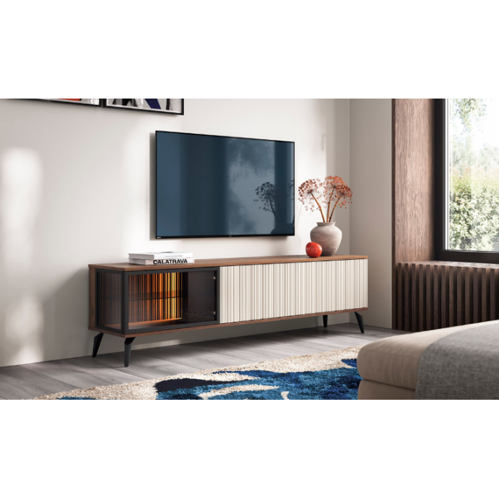 Conjunto de móveis para TV VICI – Cor Cachemira / Nogueira Warmia Conjunto de móveis para TV VICI – Cor Cachemira / Nogueira Warmia