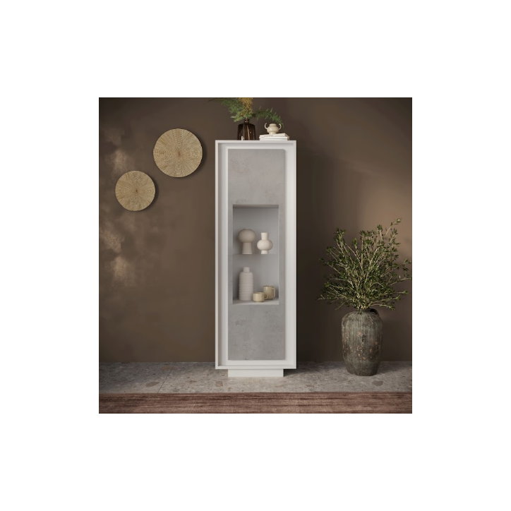 Vitrine SKY 1 porte – Finition Blanc mat laqué / Ciment