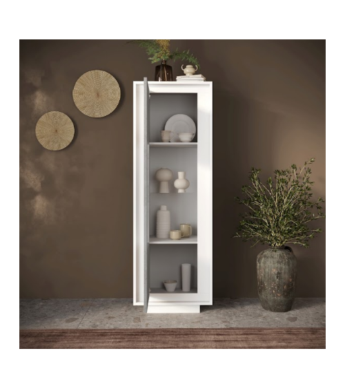 Vitrine contemporaine 1 porte – Finition Blanc mat laqué / Ciment