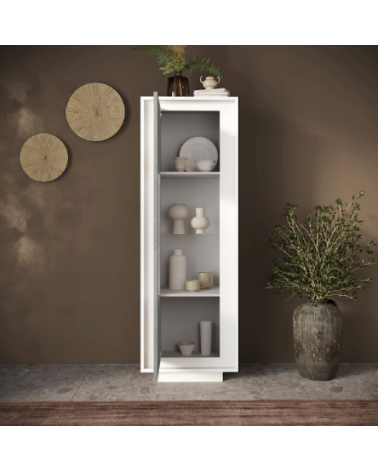 Vitrine SKY 1 porte – Finition Blanc mat laqué / Ciment