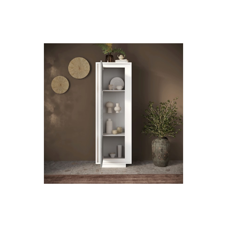 Vitrine SKY 1 porte – Finition Blanc mat laqué / Ciment
