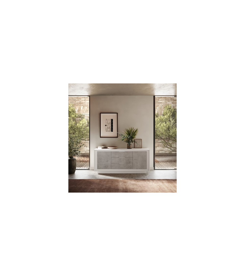 Buffet SKY 4 portes – Finition Blanc mat laqué / Ciment