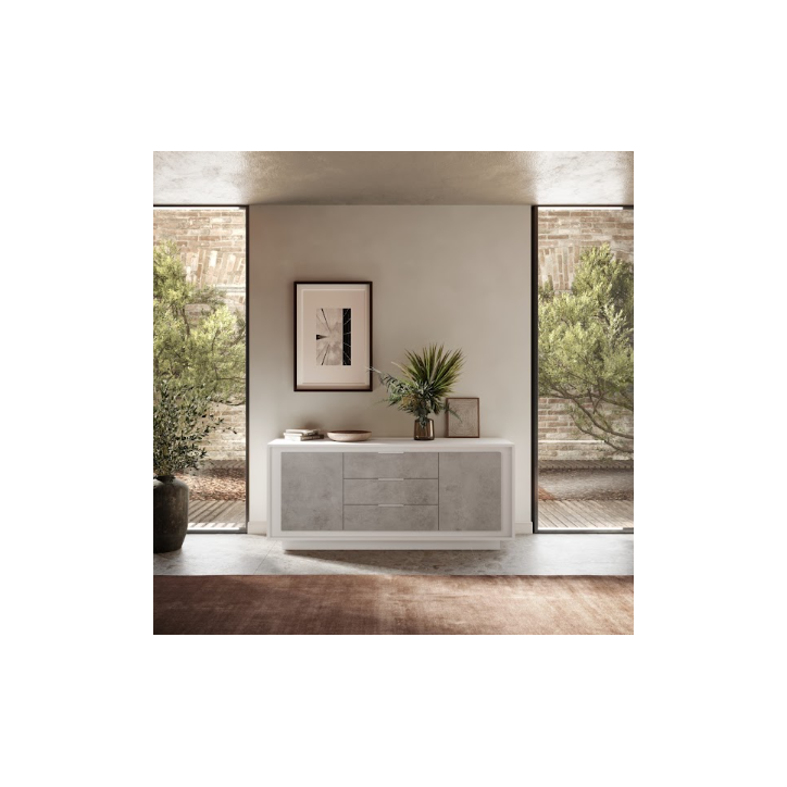 Buffet SKY 4 portes – Finition Blanc mat laqué / Ciment Buffet SKY 4 portes – Finition Blanc mat laqué / Ciment