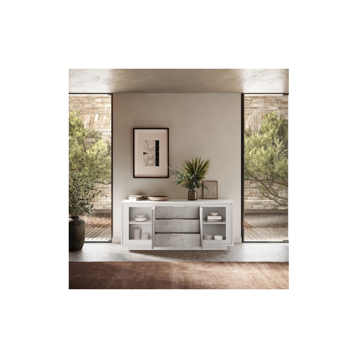 Buffet SKY 2 portes et 3 tiroirs – Finition Blanc mat laqué / Ciment