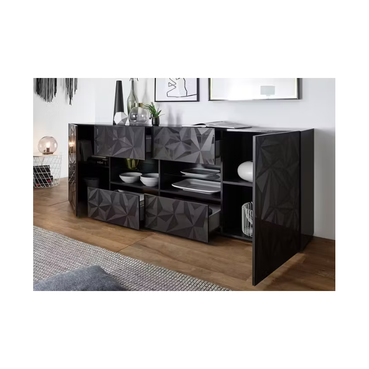 Buffet PRISMA 2 portes et 4 tiroirs – Design géométrique noir Buffet PRISMA 2 portes et 4 tiroirs – Design géométrique noir
