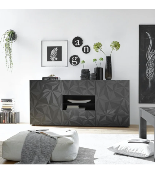 Aparador PRISMA con 2 puertas y 2 cajones – Diseño geométrico negro con compartimento central
