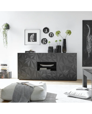 Aparador PRISMA con 2 puertas y 2 cajones – Diseño geométrico negro con compartimento central