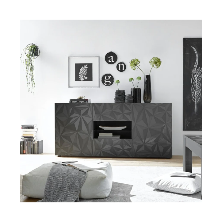 Madia PRISMA con 2 ante e 2 cassetti – Design geometrico nero con vano centrale