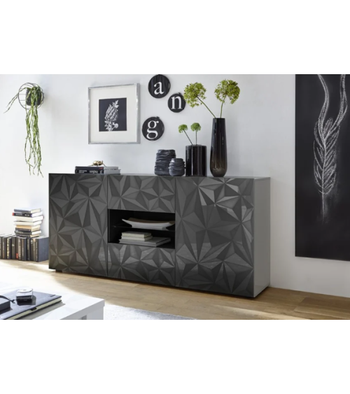 Buffet PRISMA 2 portes et 2 tiroirs – Design géométrique noir avec niche centrale