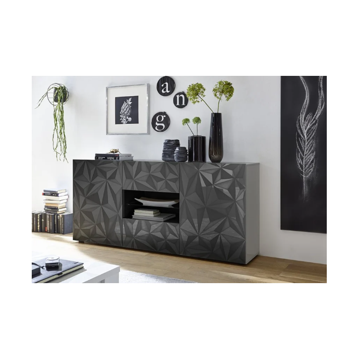 Aparador PRISMA con 2 puertas y 2 cajones – Diseño geométrico negro con compartimento central