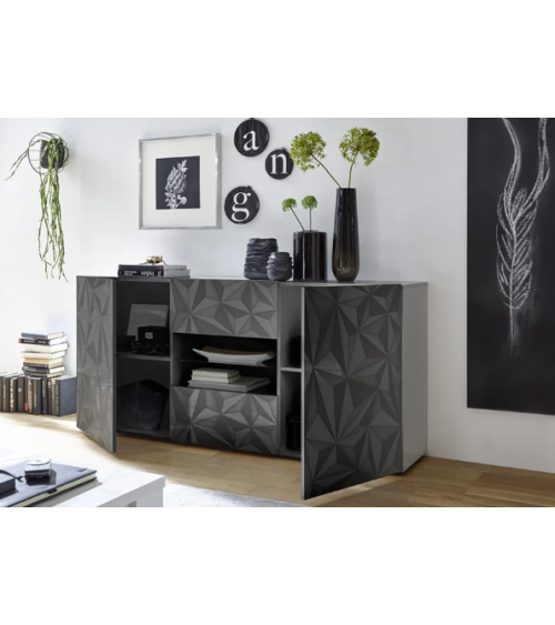 Aparador PRISMA con 2 puertas y 2 cajones – Diseño geométrico negro con compartimento central