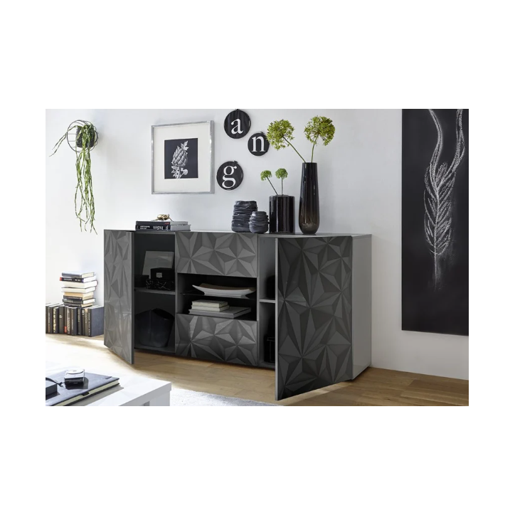Aparador PRISMA con 2 puertas y 2 cajones – Diseño geométrico negro con compartimento central